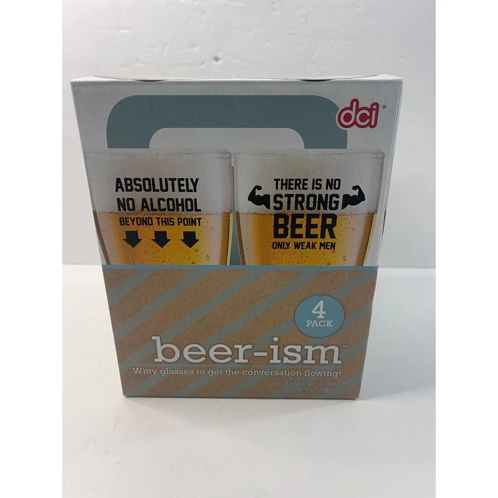 DCI Beer-ism Witty Lager Glass Set 4 Pack 16.9oz Novelty Barware Gift